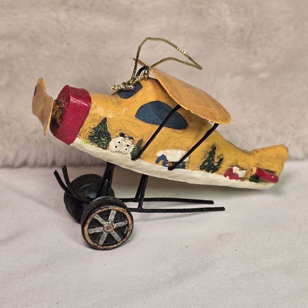 Vintage Hand-Painted Airplane Ornament Rustic Yellow Winter Scene Folk Art Xmas